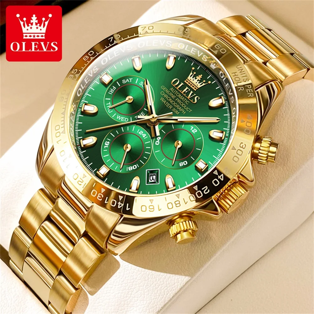 OLEVS Luxury Automatic Mechanical Watch for Men Classic Chronograph Top Brand Golden Stainless Steel Waterproof Men\'s Wristwatch