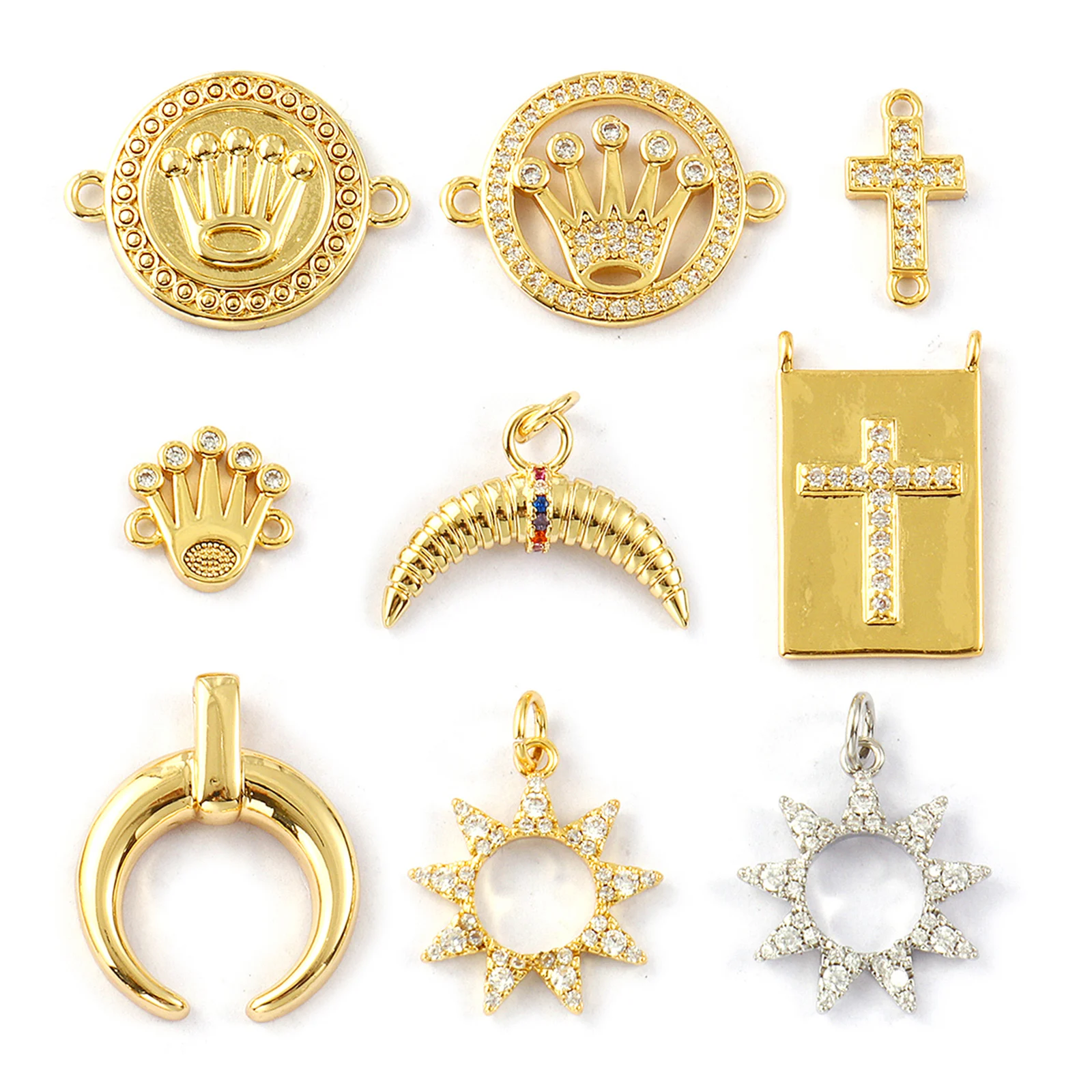 2PCs Hot Brass 18K Real Gold Plated Sun Cross Jewelry Charms Crown Moon Galaxy Pendant Necklace Earrings DIY Findings