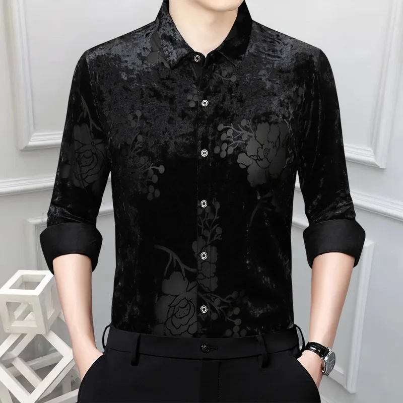 See Through Flower Shirts Men Business Office Shirt Casual Shirts Long Sleeve Camisa  Chemise Homme Men Shirt High Quality