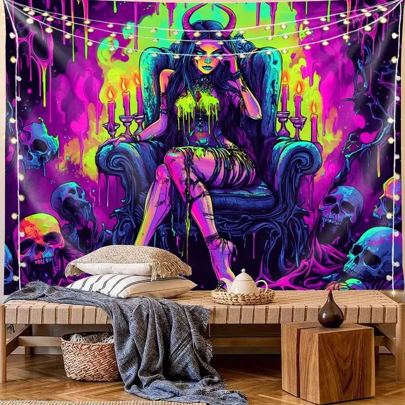 VIKAMA Bull Horn Witch Skull Candlestick psychedelic Tapestry Background Dark Subcultural Room Decoration