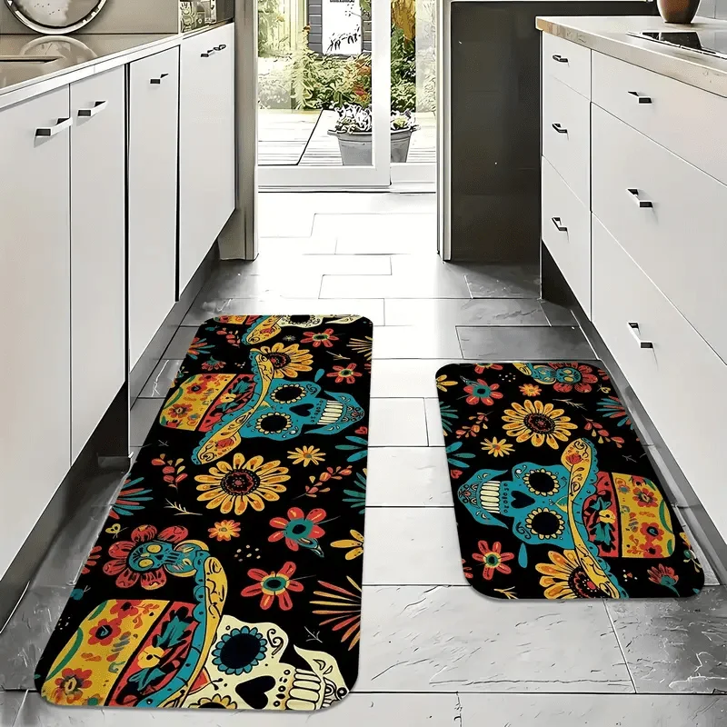 VIKAMA Soul Festival Sugar Skull Kitchen Floor Mat Anti-slip Anti-fatigue Foot Pad Entrance Corridor Carpet Home Decoration