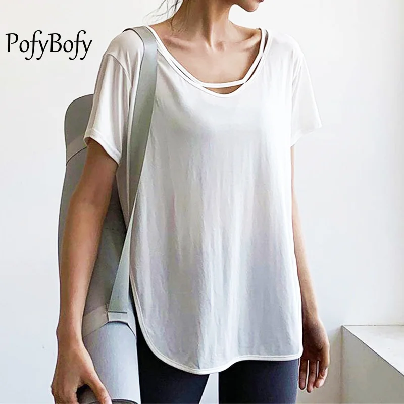 

PofyBofy Loose Side Split Hem V Neck Strapped Lightweight Elastic Quick Dry Women Short Sleeve T-shirt Fitness Yoga Casual Top