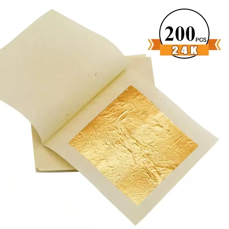 24K Gold Leaf Sheets 200pcs Gold Flakes Foil for Wall Decoration, Paper Arts, Handicrafts Gilding, Practical in Craft