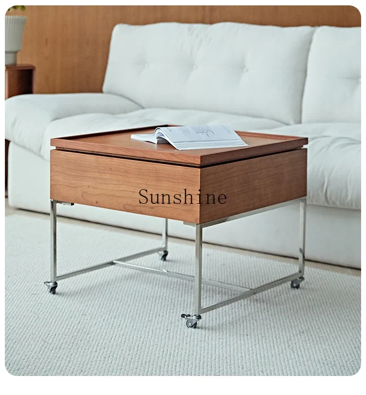 Lifting multi-functional mobile coffee table small apartment living room storage cherry wood dining table with wheels