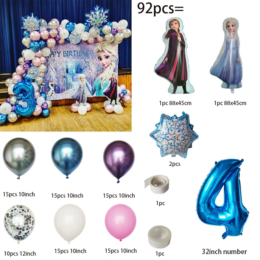 92 Uds. Fondo de pared con tema de Disney, decoración de fiesta de Frozen, globos de aluminio de Elsa y Anna, bola de números, fiesta de cumpleaños para niñas y niños