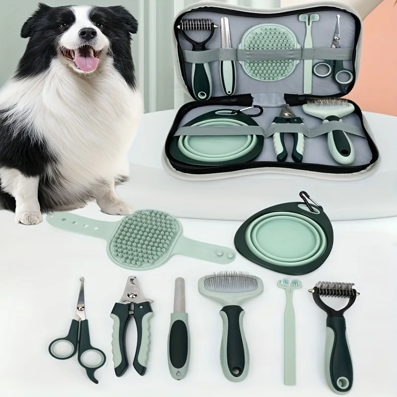 8-piece Pet Grooming Set for Cats and Dogs Scissors, Hair Removal, Needle Comb, Massage Brush, Cat Bowl, Dog Basin, Toothbrush