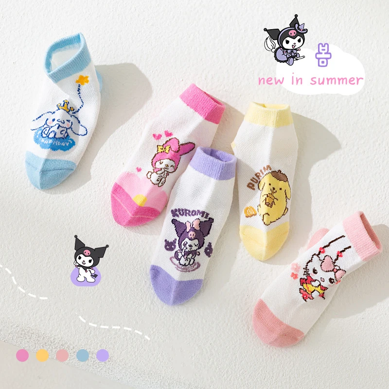 5 Pairs /lot Hello Kitty Cotton Socks Anime Sanrio Kuromi Summer Breathable Mesh Socks Cinnamoroll Cartoon Socks Children 1-12Y