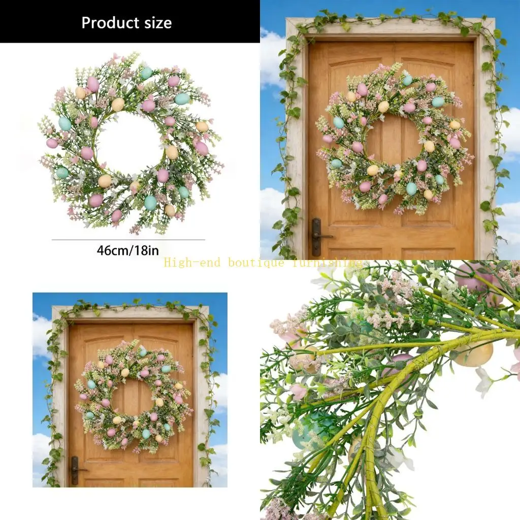 

L9NB Easter Decorative Wreath 46cm Plastic Eggs Flower Door Ornament Festival Accent