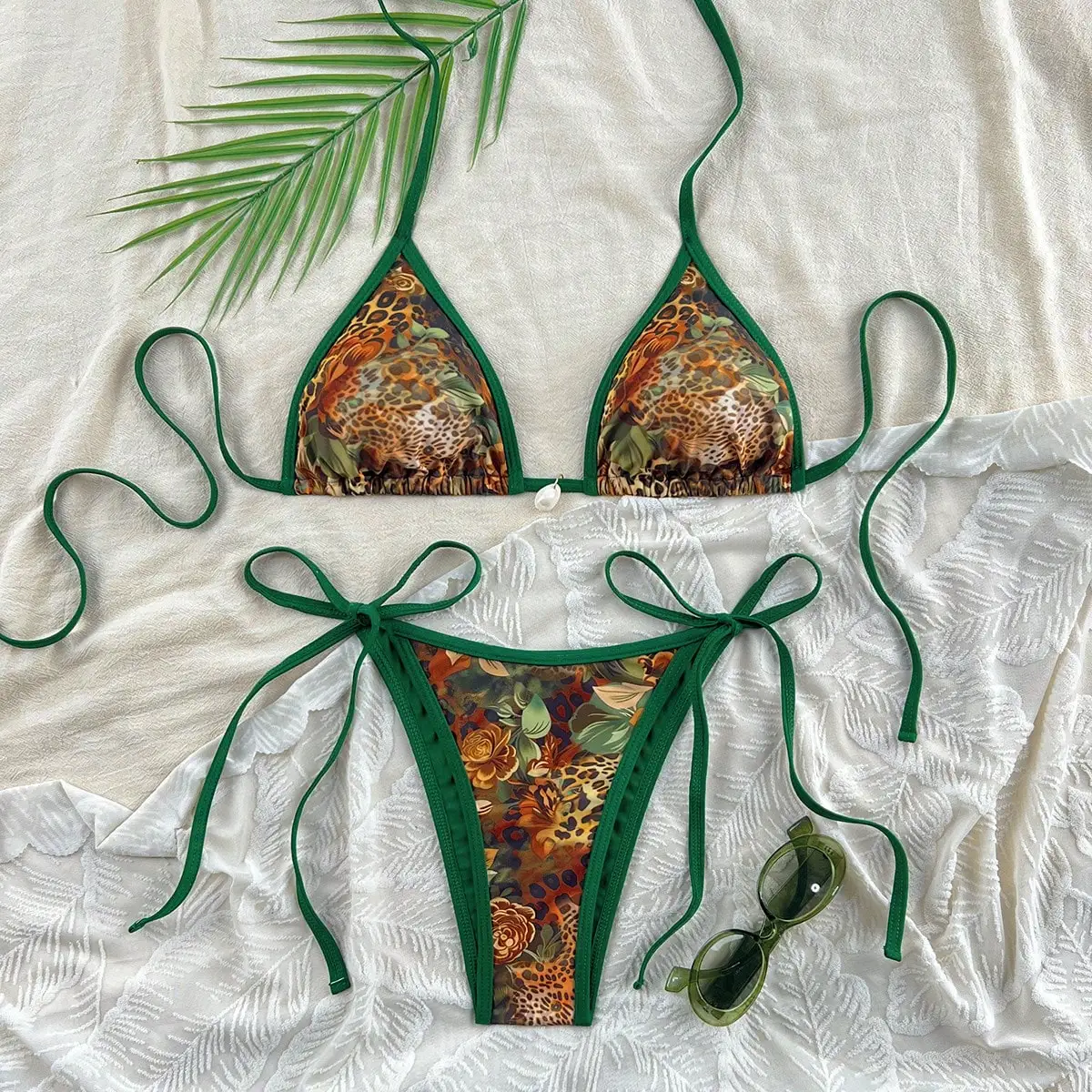 Green border leopard print bikini swimsuit