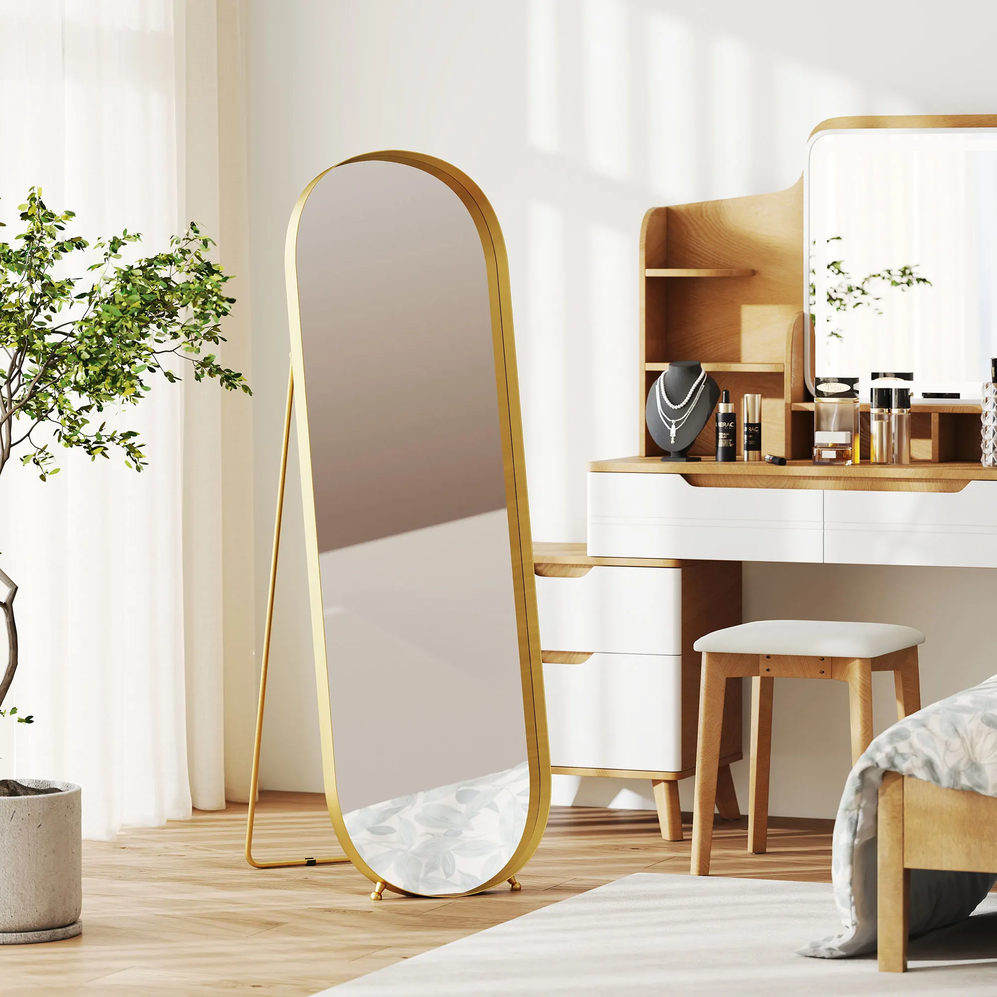 HOMCOM Ganzkörperspiegel 160 x 50 cm Gewölbter Standspiegel mit Metallrahmen und bruchsicherem Glas, Steh- und Wandspiegel für Wohnzimmer, Schlafzimmer und Flur, Gold