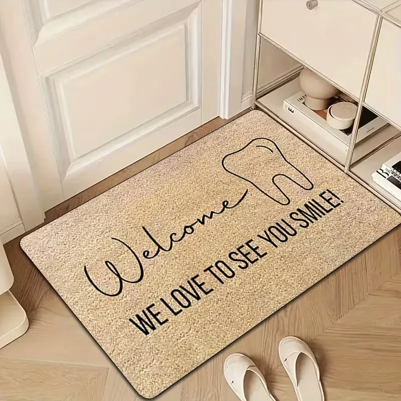 Cute Cartoon Tooth and Toothbrush Print Doormat Non Slip Floor Mat for Dentist Office Home Bathroom Decor