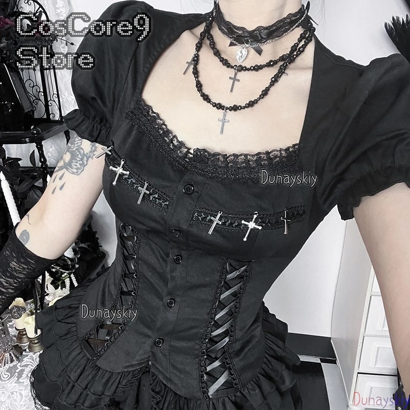 

Dark Gothic Strap Girl Shirt Dark New Spice Girls Versatile Top Women Halloween Role Playing Accessories Jirai Kei Style Vintage