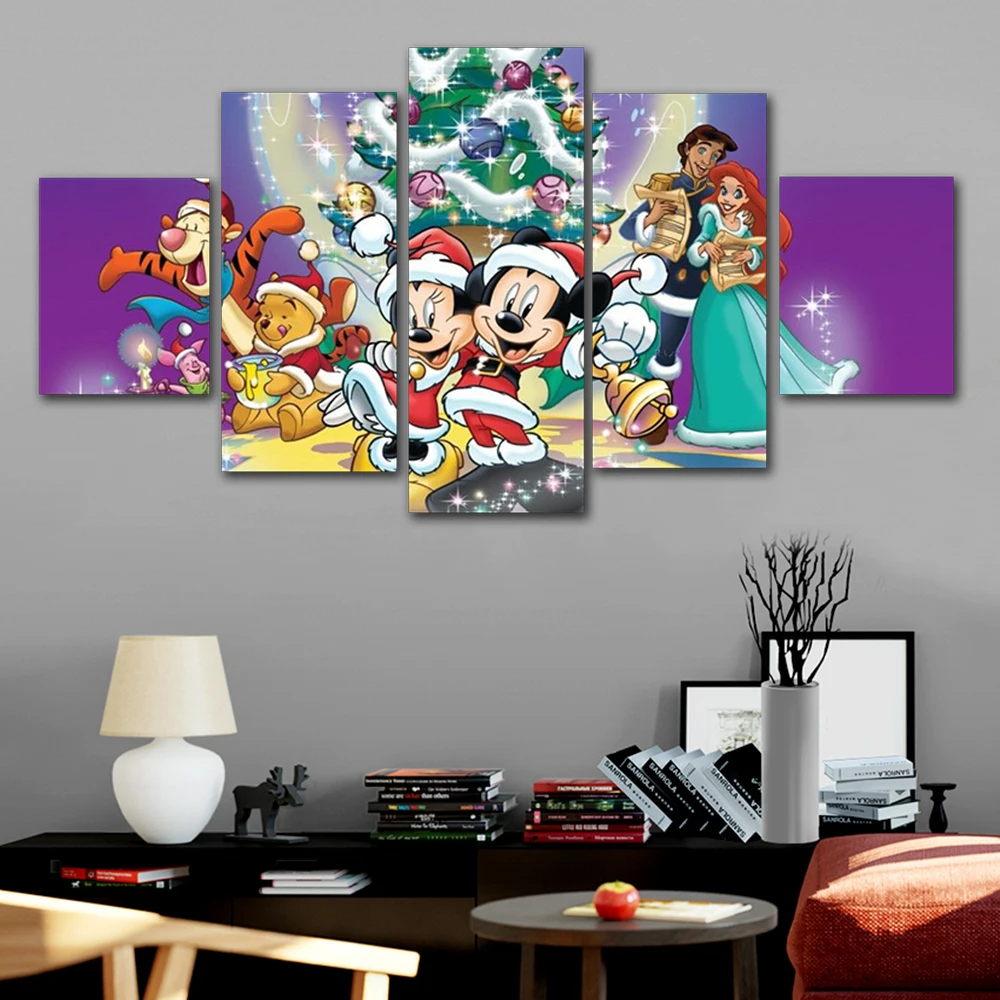 Disney Mickey Mouse Canvas Painting Princess Ariel Posters Wall Art 5 Pieces Winnie The Pooh Picture for Living Room Home Decor