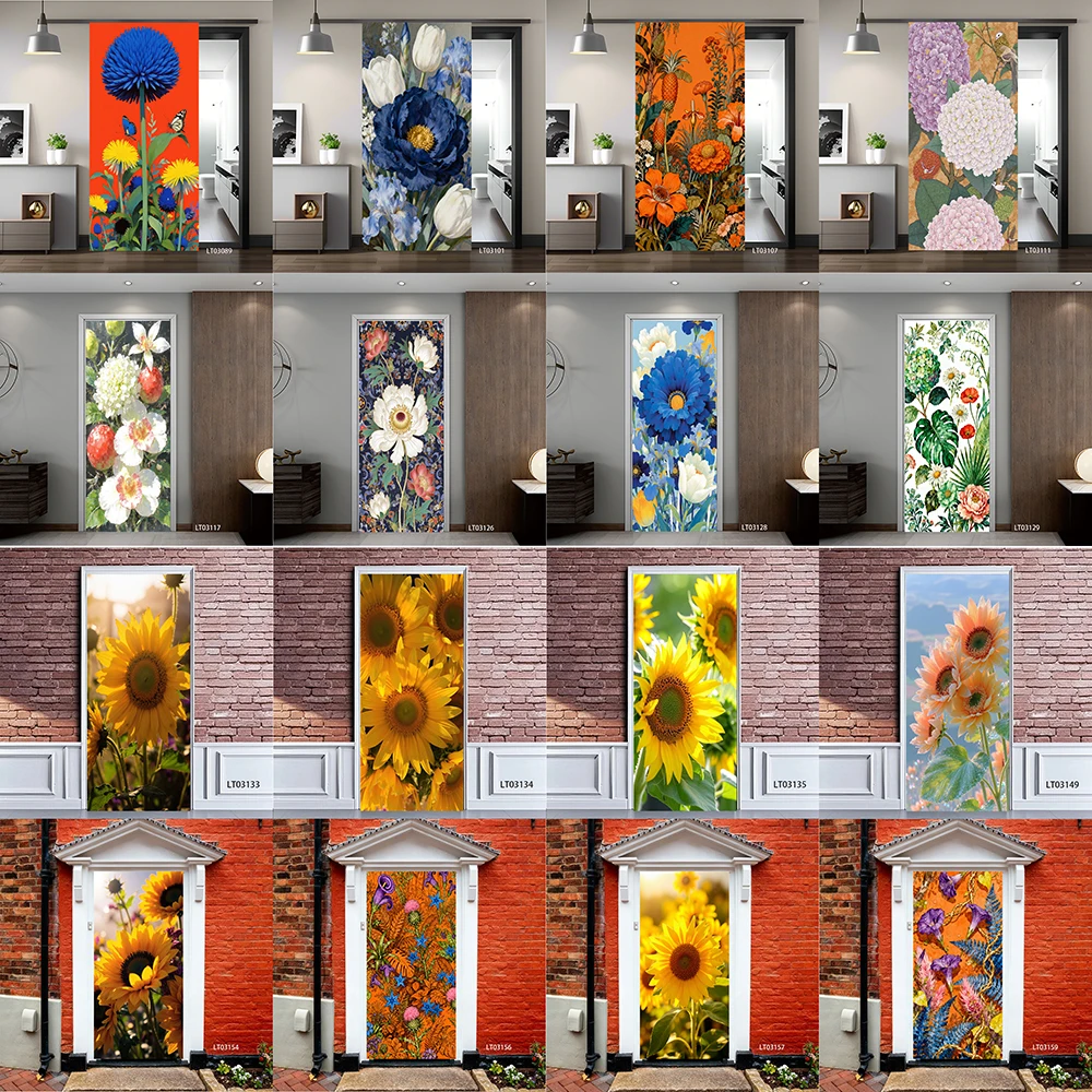 

Sunflower Floral Door Sticker, Removable Peel and Stick Self Adhesive Wallpaper, Flower Mural for Home Decor