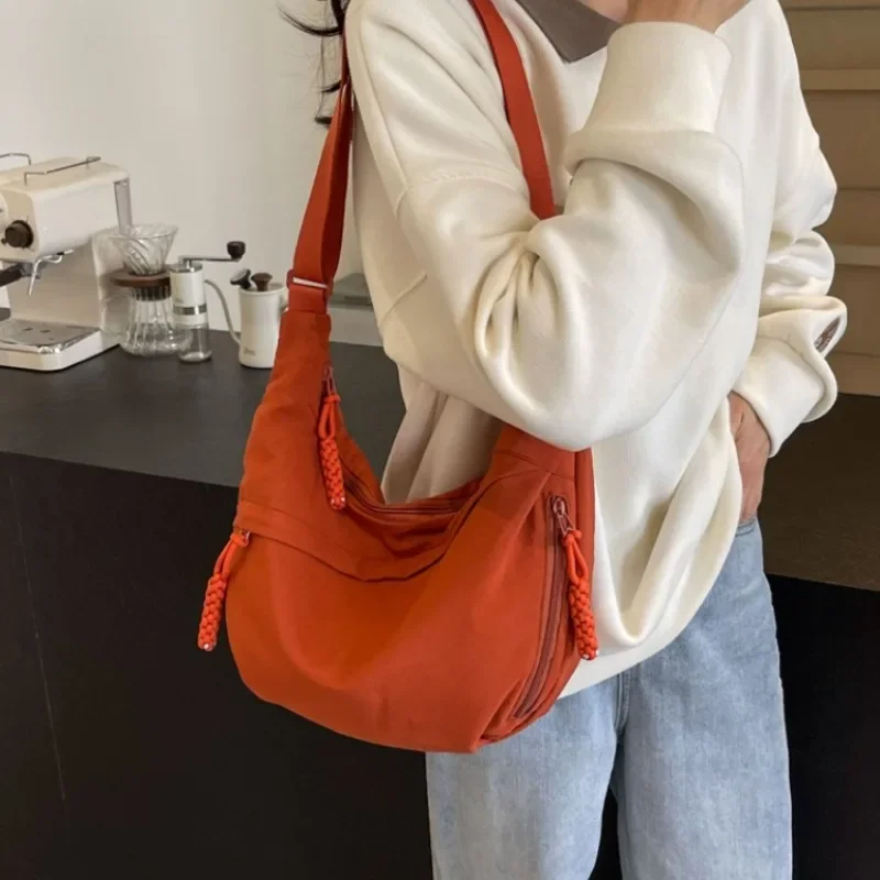 Trendy Women Soft Cloth Hobo Bag Solid Color Casual Large Capacity Shoulder Crossbody Handbag For Student Daily Use