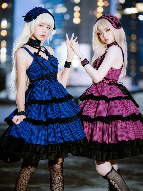 

Gothic Lolita Jumper Dresses Ruffles Bows Plaid Empire Sleeveless Cake Dress