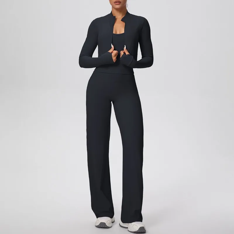 

Женский обтягивающий комплект для йоги с начесом, облегающий быстросохнущий жилет, широкий длинный комплект из трех предметов, комплект для занятий спортом и отдыха на открытом воздухе, фитнес-набор