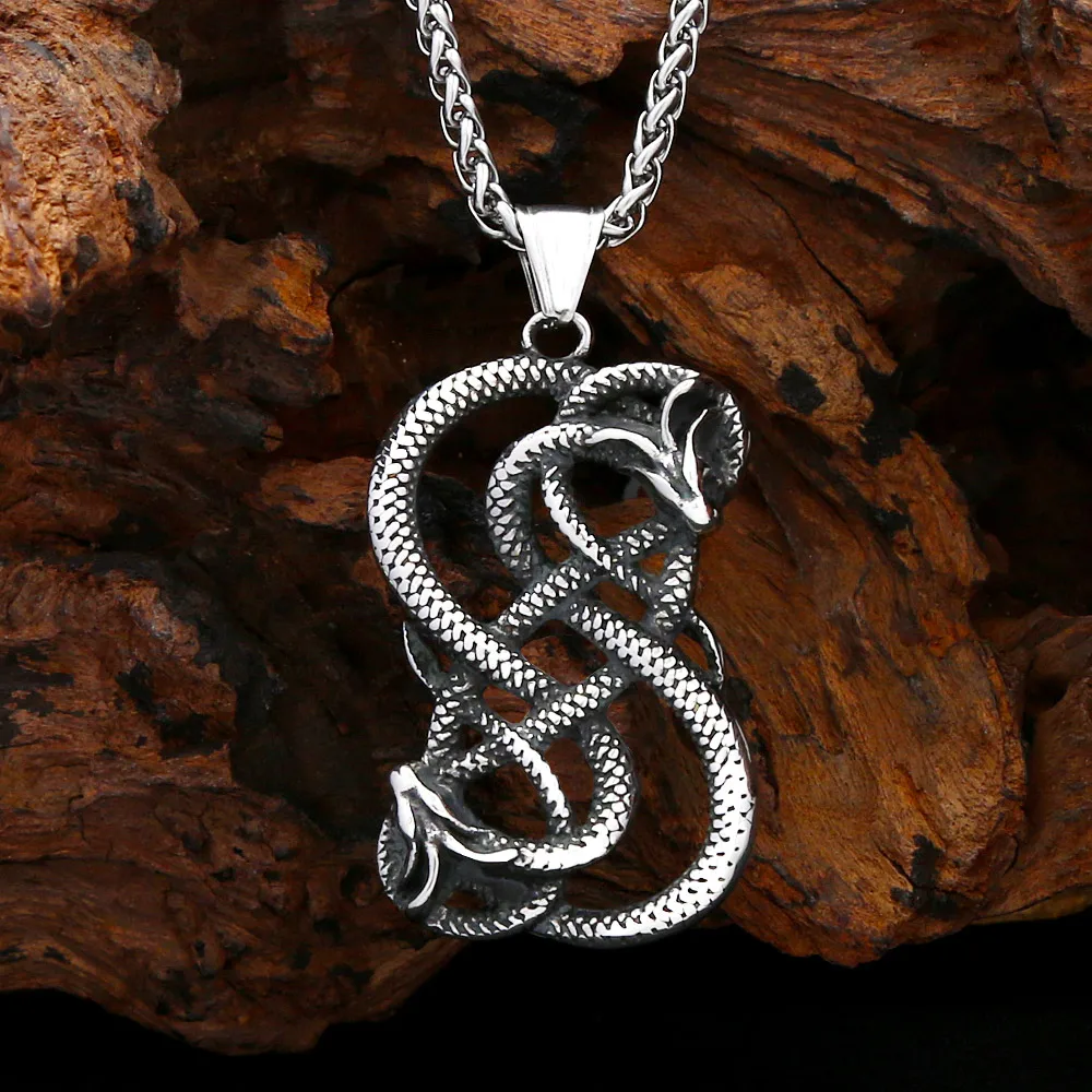Vintage Norse Loki Double Dragon Entwined Pendant Necklace Stainless Steel For Men Viking Amulet Party Fashion Charm Jewelry