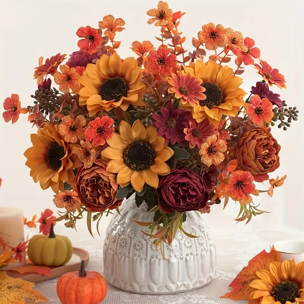 35 cm Künstlicher Seidenblumenstrauß, Sonnenblume, Gänseblümchen, Kunstblumen-Arrangement für Thanksgiving-Dekoration, Herbstdekoration für Zuhause und Hochzeit im Freien