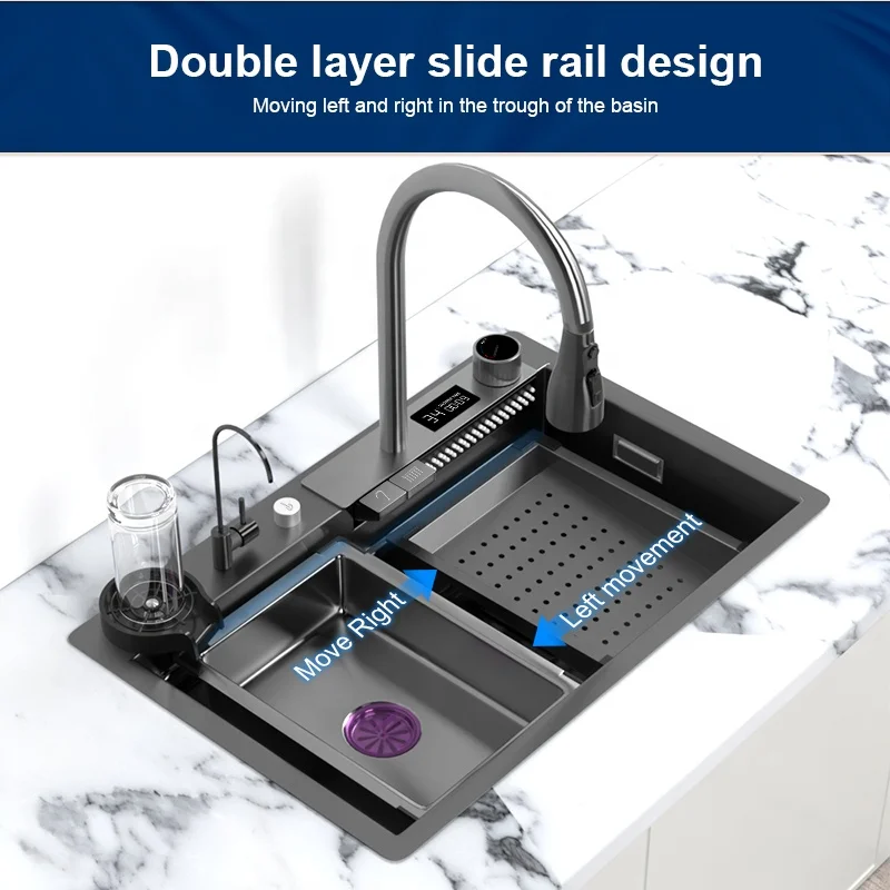Digital Countertop Luxury High Tech Undermount Black Modern Waterfall Multifunction Smart Stainless Steel Sink thumbnail