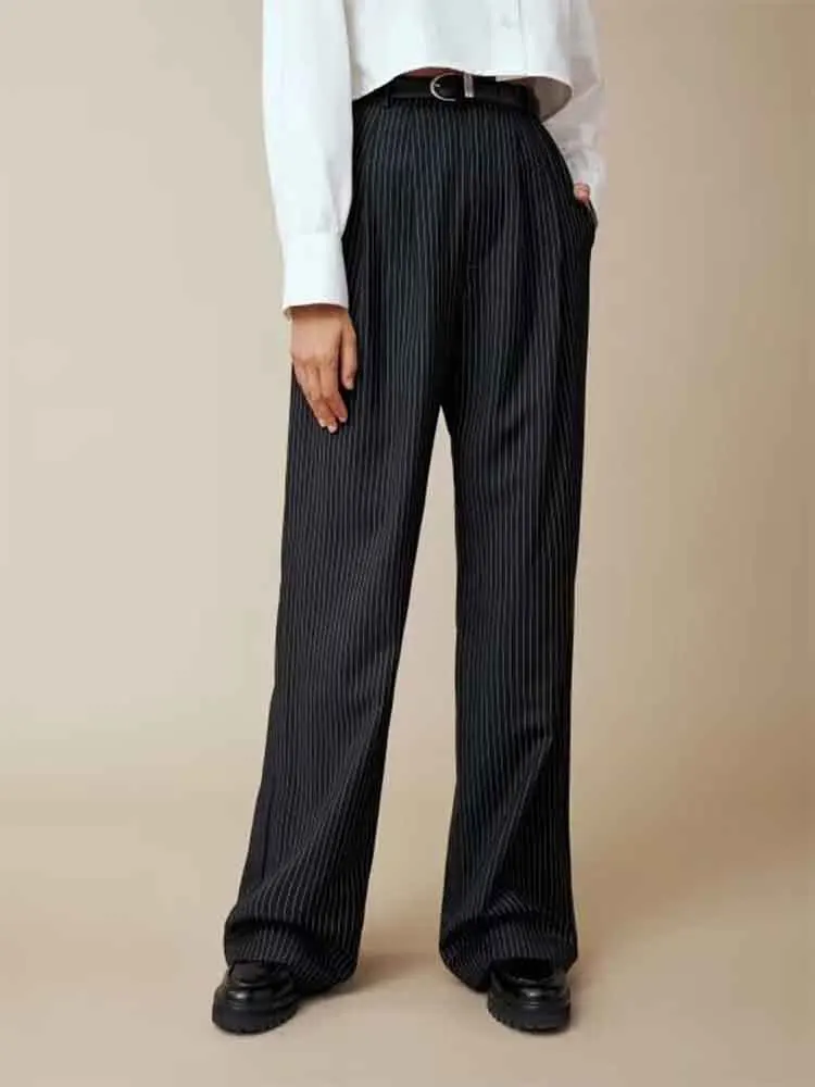 

European style women's new all-match retro loose casual simple high waist striped straight pants
