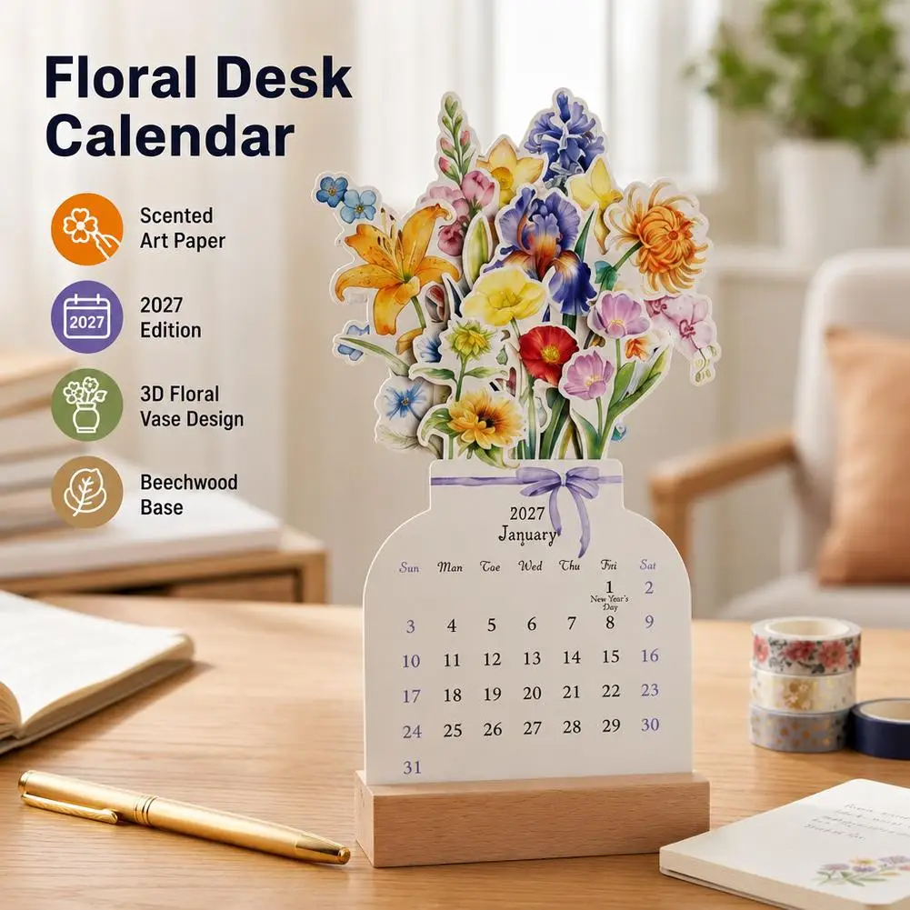 Floral Desk Calendar 2027 Vase Shaped 3D Flower Wooden Base Detachable Scented Paper Monthly Standing Planner Office Decor Gifts