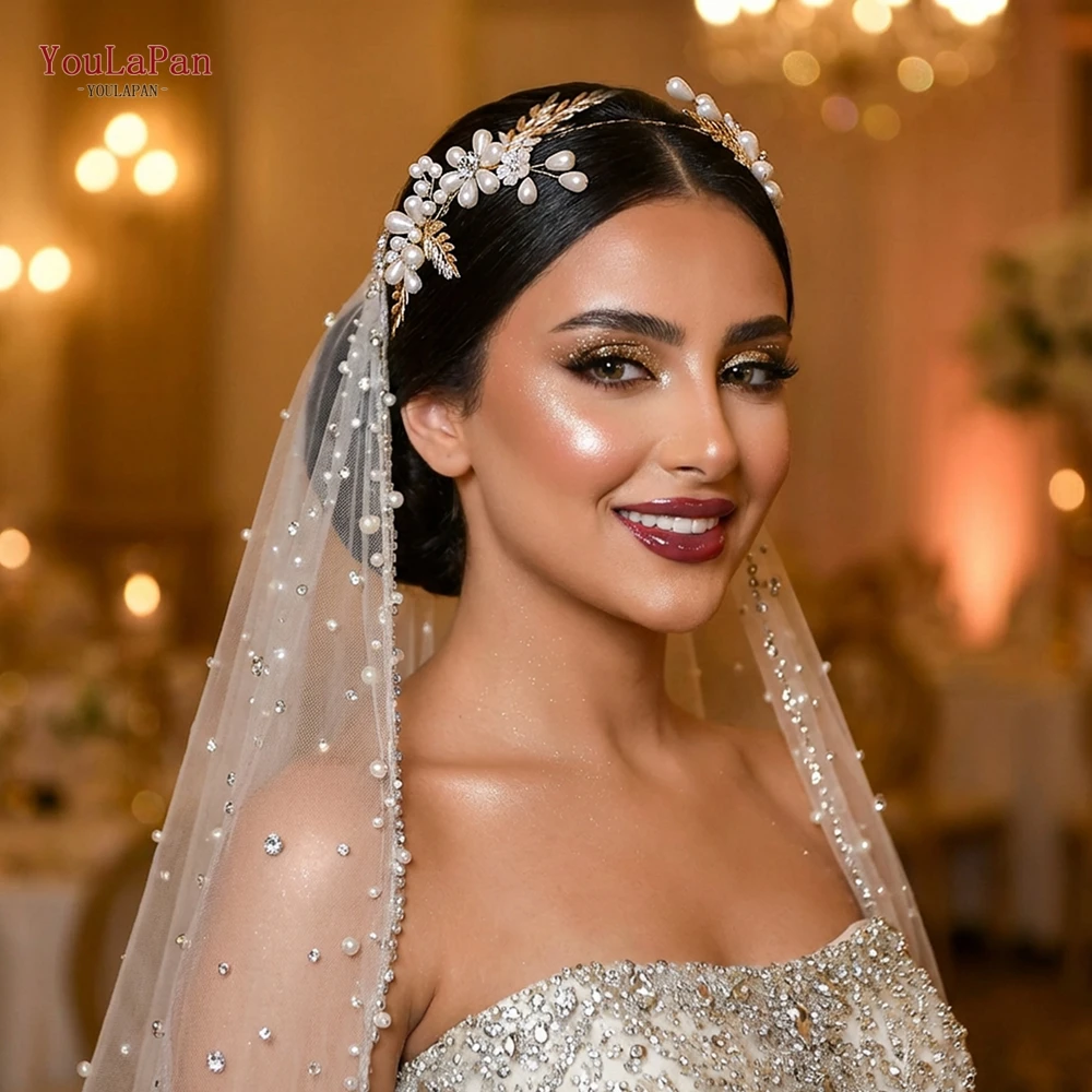 

YouLaPan ручной работы золотого цвета, повязка на голову из сплава с листьями, свадебный жемчуг, цветок, фея, аксессуары для волос, женский головной убор для вечеринки HP974
