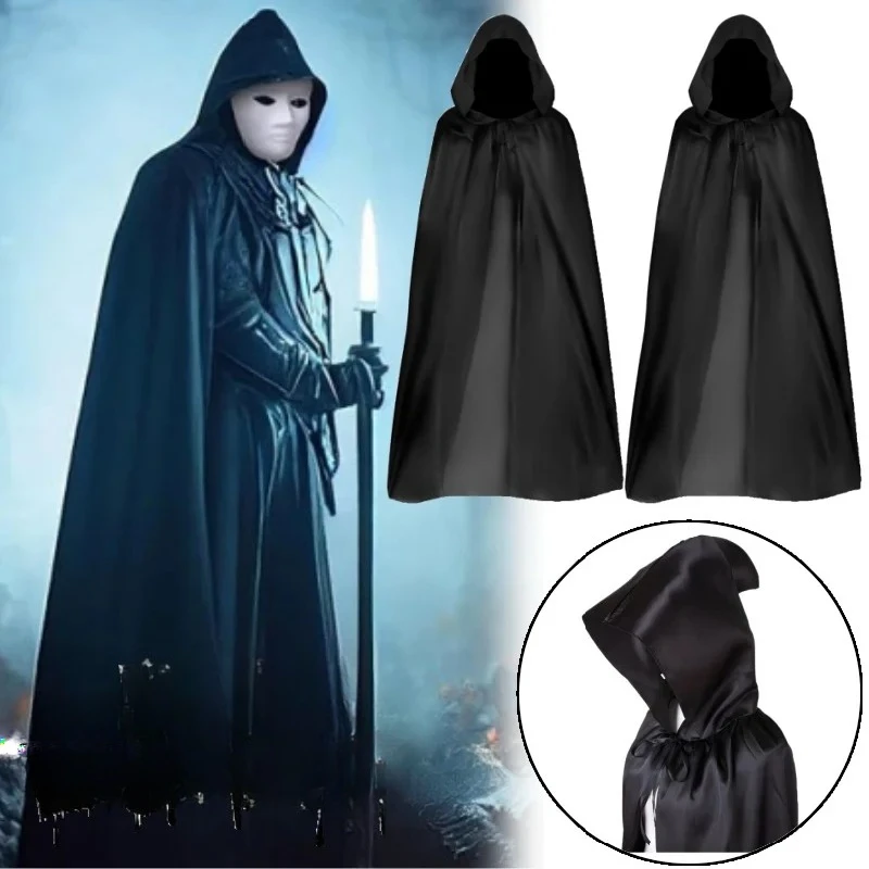 

Halloween Cape Costume for Adults Black Hooded Cloak Cosplay Vampire Witch Gothic Party Robe Medieval Fantasy Role Play Outfit