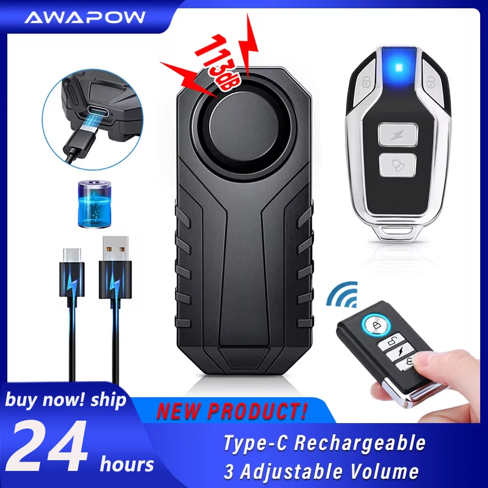 Awapow USB Charge Bicycle Alarm 113dB Remote Control Wireless Bike Vibration Alarm Waterproof Bicycle Anti Theft Safety System