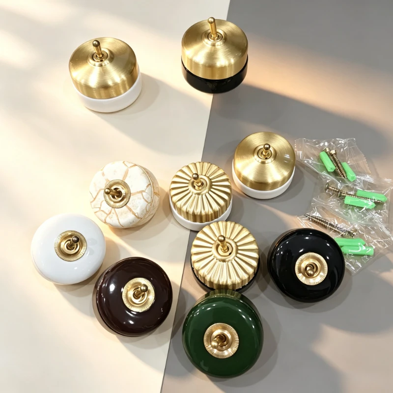 Ceramic Toggle Switch 2 Way Control Light Switch Brass Lever Rocker Retro ON‑OFF Vintage Round Wall Light Switch