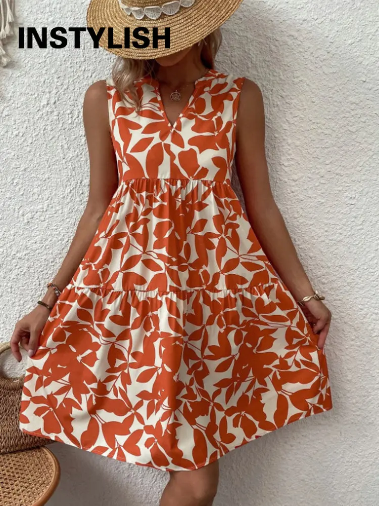 Elegant V Neck Print Ruffles A Line Dress Women Summer Sleeveless Bohemian Sundress Casual Loose Knee Length Beach Party Dress