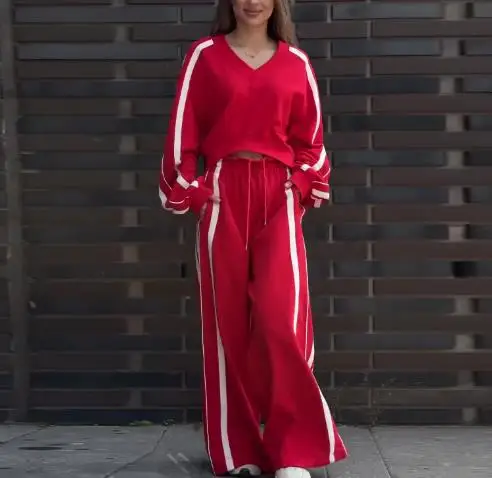 

Two Piece Set Women Outfit 2025 Spring Fashion Contrasting V-Neck Long Sleeve Top & Casual High Waist Pocket Sports Pants Set