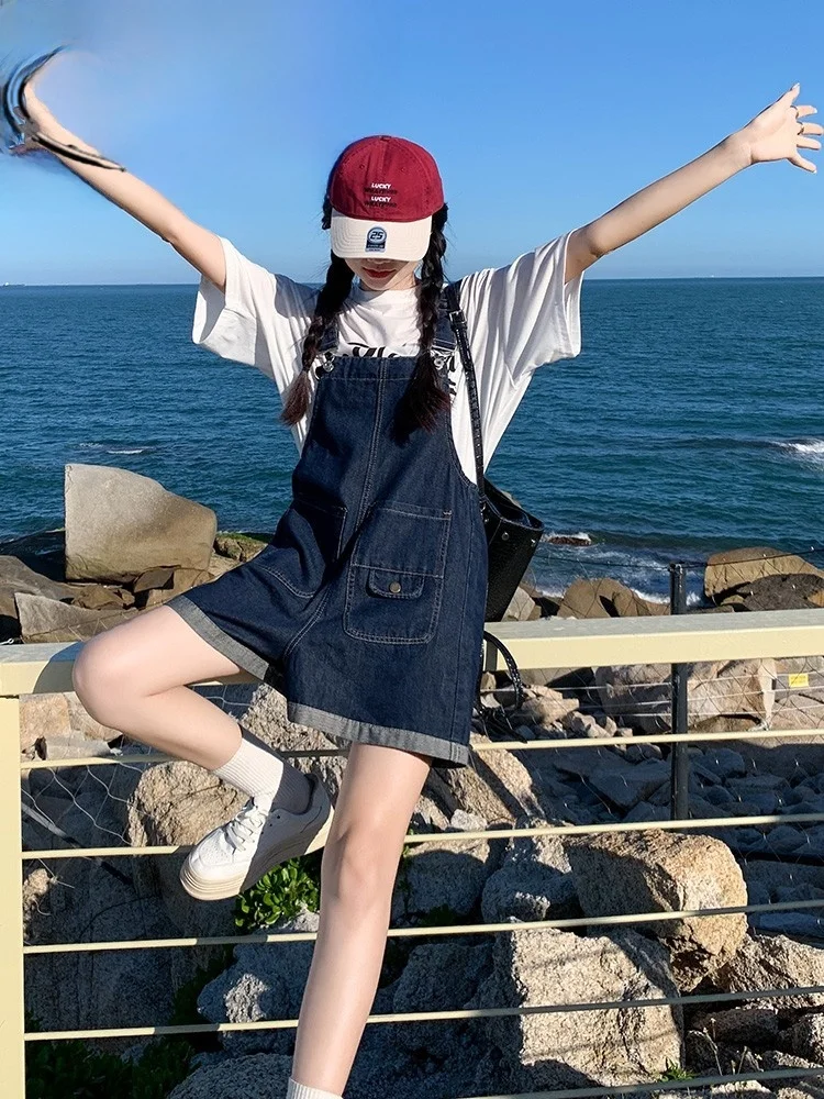 

Джинсовый комбинезон Sweet Milk для женщин: весенне-летний, свободный крой, молодежный стиль, укороченные брюки, высокая талия, широкие штанины, повседневный.