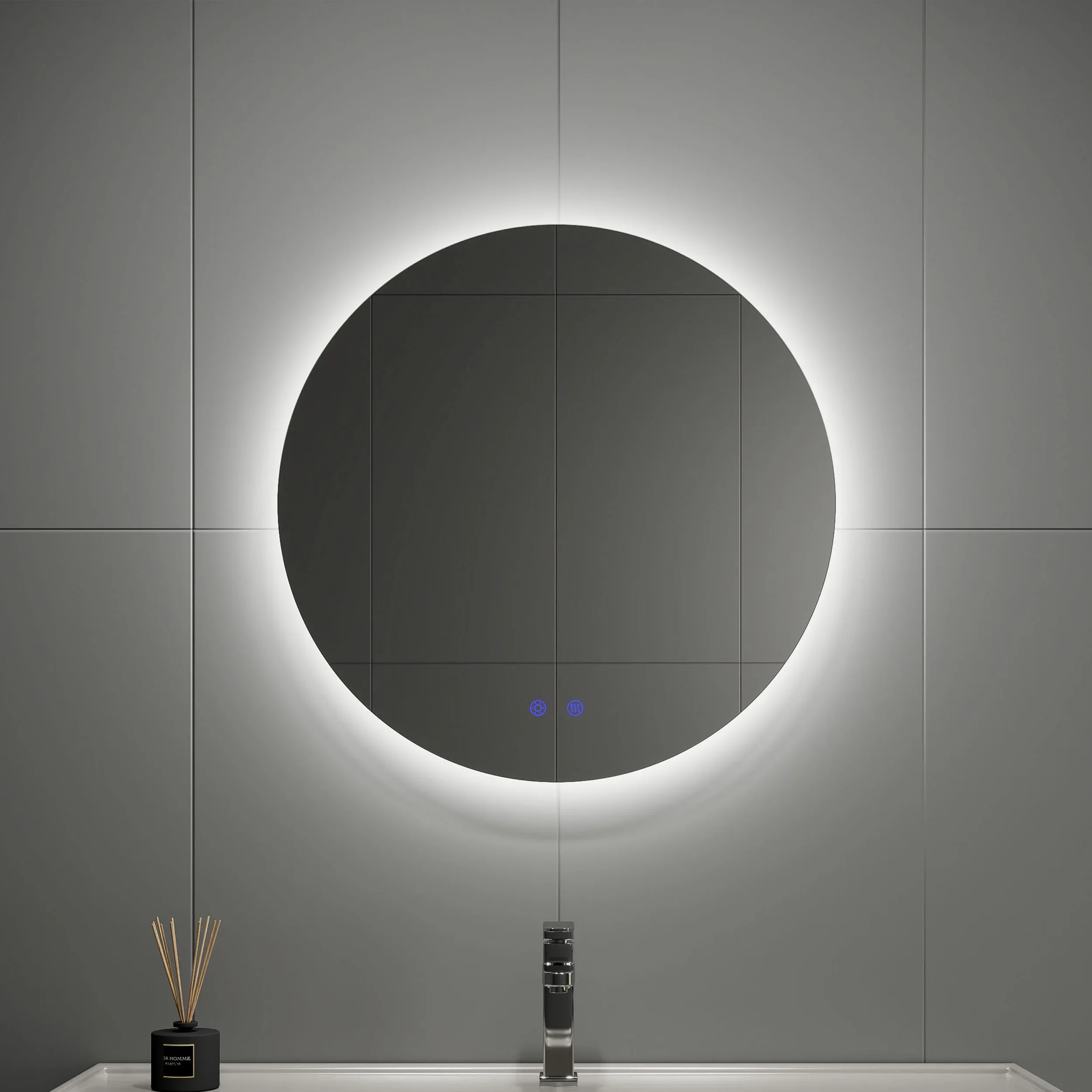 

Stepless Dimmable Modern 24 Inch Backlit Silver Wall Mounted Lighted Vanity Mirror With Led Lights 600mm Round Bathroom Mirror