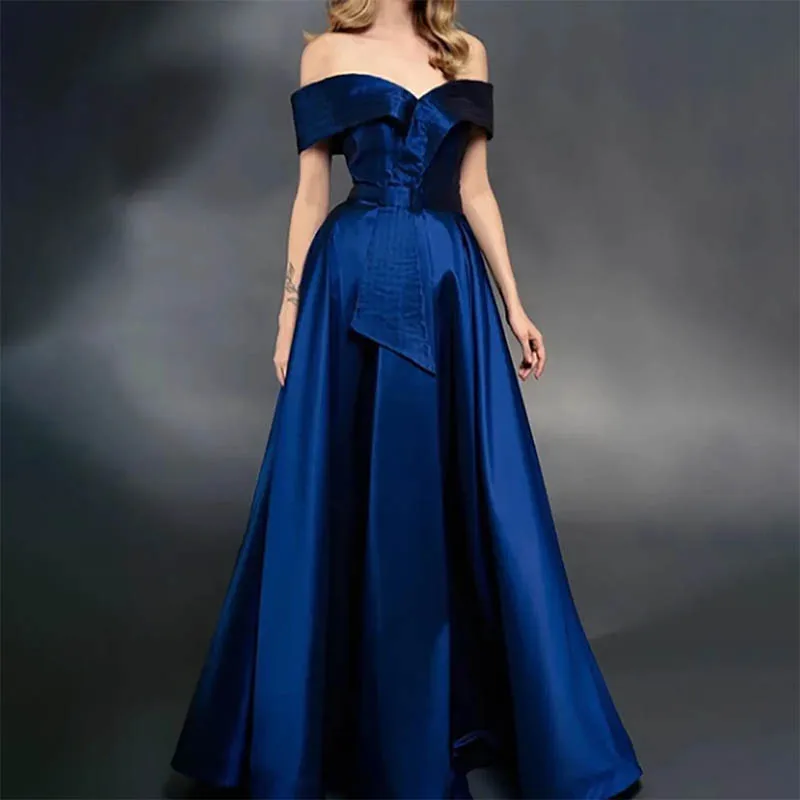 

Luxury Off-the-shoulder Solid A-line Satin Dress with Sweep Train Mother of the Bride Groom Dress Wedding