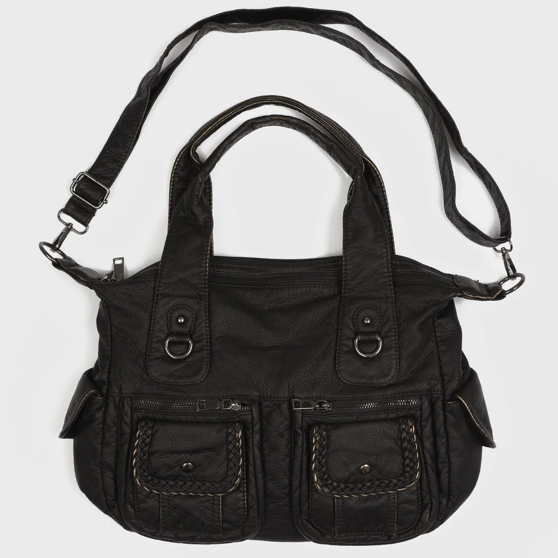 Women Vintage Soft Faux Leather Shoulder Bag Multi Pockets Braided Front Satchel Handbag Detachable Adjustable Crossbody Strap