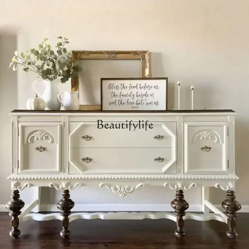 

French Retro Entryway Cabinet iving Room American European Style Solid Wood Carved Sideboard Decorative Side Cabinet