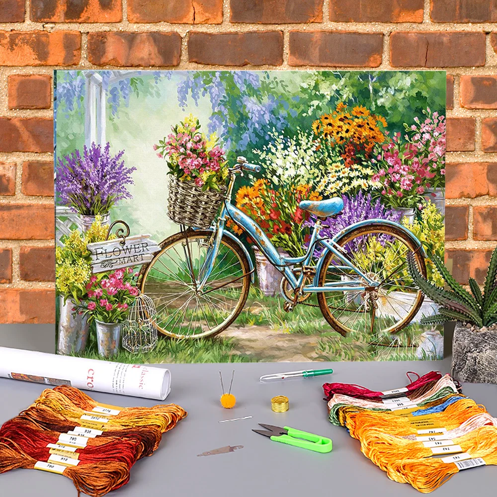 

Flower Bicycle Printed Water-Soluble Canvas 11CT Cross-Stitch Full Kit Embroidery DMC Threads Handiwork Craft Decor