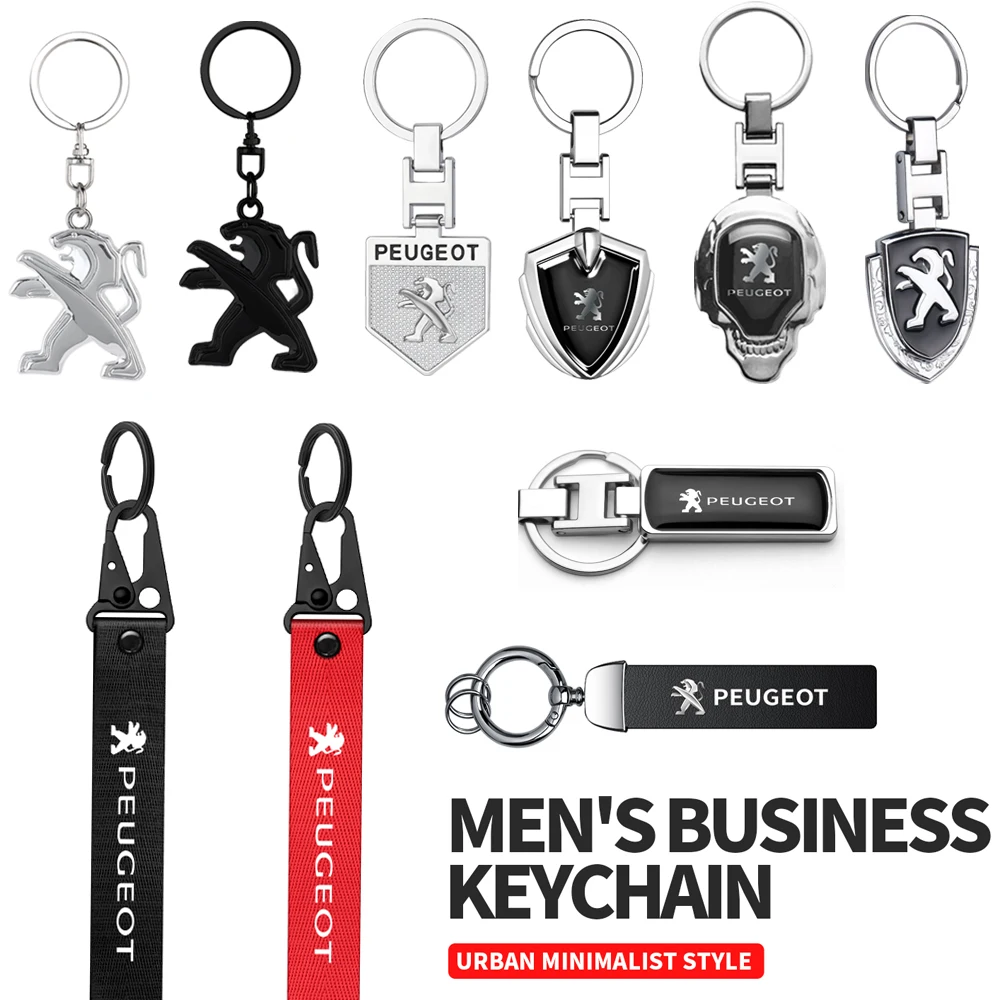 1pcs Leather Metal Car Logo Keychain Lanyard Key Ring Buckle Auto Accessories For Peugeot 308 408 508 RCZ 208 3008 2008 206 207