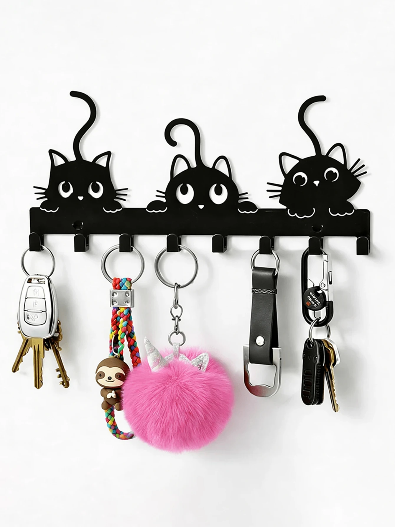 This Cute Cat-Shaped Eight-Hook Wall-Mounted Key Holder Is Perfect for Use in the Hallway, Made of Metal, and Can Hold Keys, Bags, and Leashes Measuring 7.87inch X 3.75inch Cm, This Is a Decorative Key Holder, Perfect for Placing in the Hallway, Shoe Cabinet Area, or Entryway, and Can Be Used as Both a Room Decoration and a Wall Decoration, Making It an Ideal Mother's Day Gift. ﻿