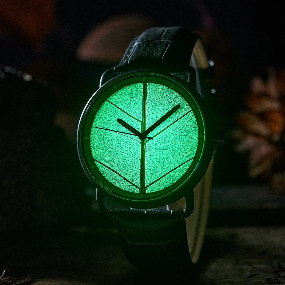 Glow in The Dark Watches for Men BOBO BIRD Genuine Leaf Face Custom Sport Mens Wristwatch with Genuine Leather Luminous Display