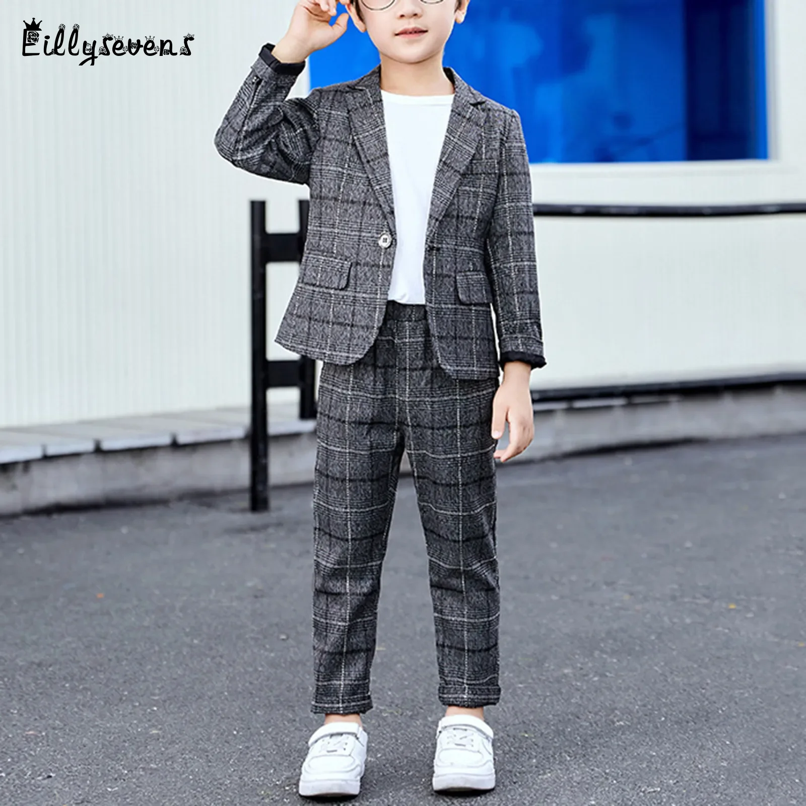 Boys Suit Dress Suit Casual Retro Plaid Two Piece Set Fashion Piano Performance Reporting Performance Fitting Dress Suit Set