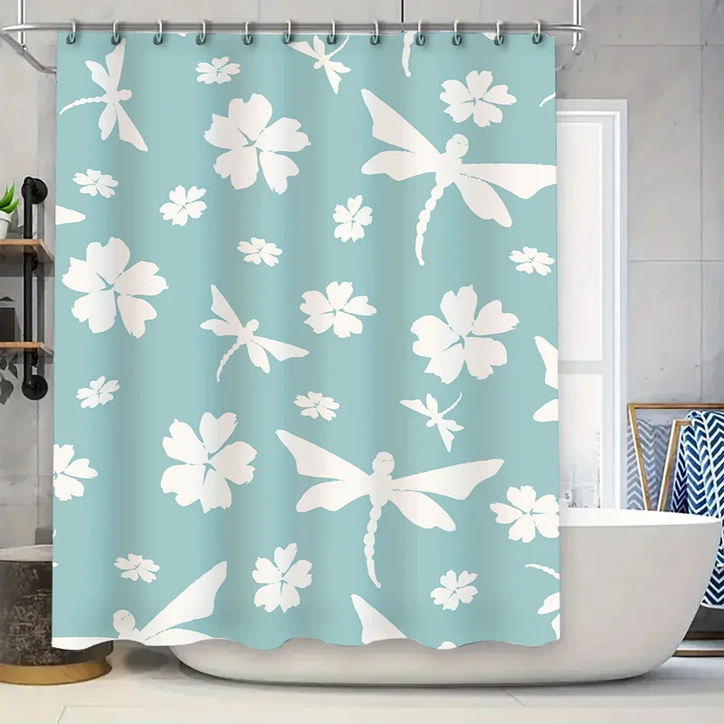 Beautiful Blue White Shower Curtain with Dragonflies Perfect for Bathroom Decor