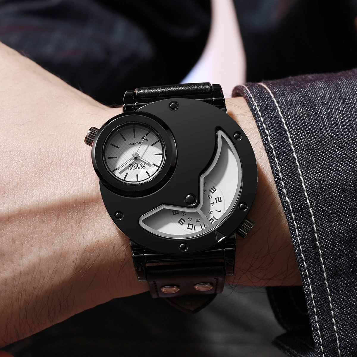 ساعات رياضية كلاسيكية للرجال كاجوال بمينا كبير وحزام جلدي تناظري كوارتز ساعة يد للرجال ساعة Reloj Hombre (بدون صندوق) #4