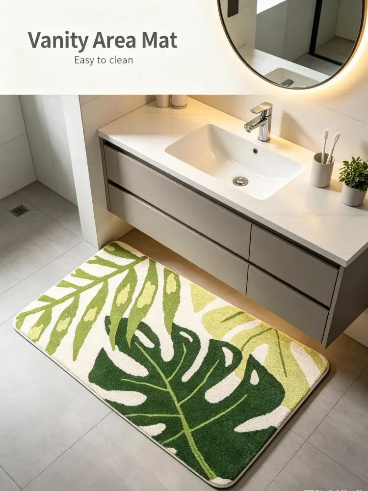Tropical Green Monstera Leaf Bath Mat Flannel Absorbent Bathroom Rug Non‑Slip Shower Doormat Home Bedroom Kitchen Floor Decor Ca view 2