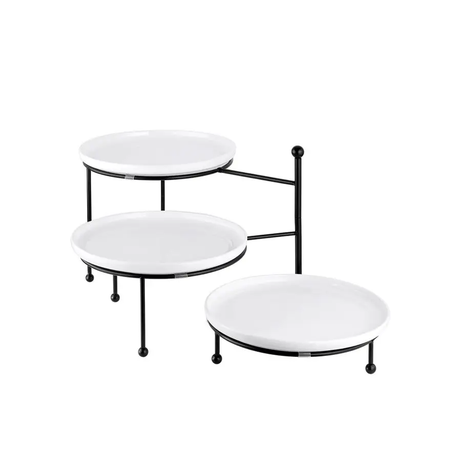 

3-х уровневая сервировочная подставка с белыми фарфоровыми тарелками, 10 круглых подносов, набор для демонстрации десертного стола, круглые блюда с черным металлическим диском