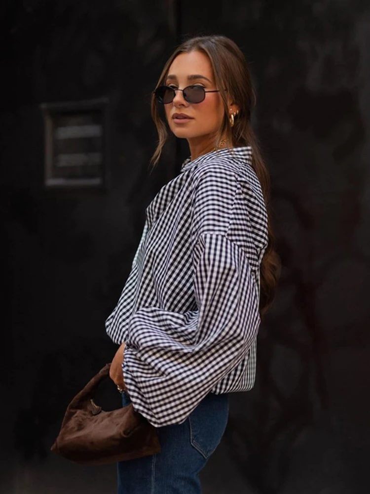 Mumaroho 2023 Autumn Winter Women Vintage Oversized Plaid Shirt Black Long Sleeve Loose Fit Blouse Female