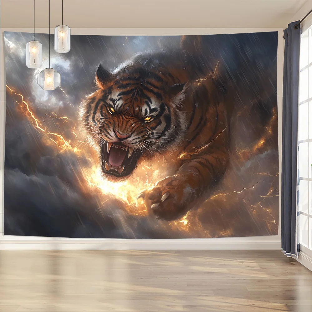 3D Tiger With Stormy Clouds And Lightning Background Cloth Polyester Wall Tapestry For Living Room Bedroom Office Party Dec