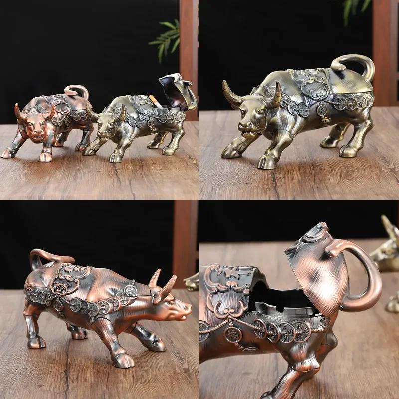 Retro Metal Ashtray with Lid Luxury Creative Bull Shape Ornament Personalized Home Decor Craft