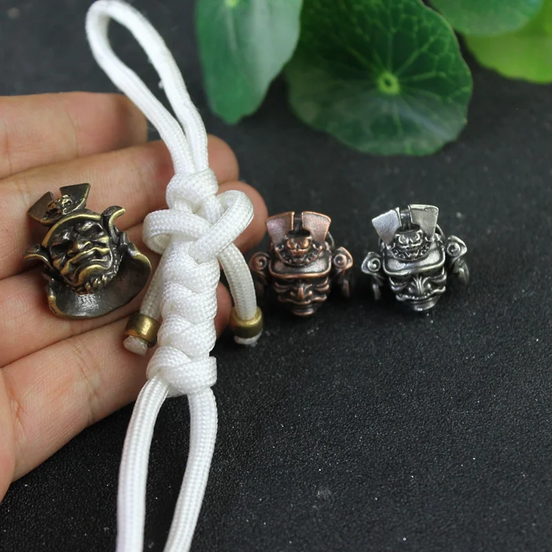 Brass Japanese Samurai General Helmet Handmade Knife Beads Paracord Woven Rope Lanyard Pendants DIY Accessories Outdoor Tool EDC view 6